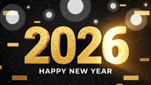 Golden Happy New Year 2026 text with festive decorations on a dark background