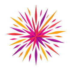 Vibrant starburst vector with symmetrical rays in pink, purple, orange, and yellow. Dynamic abstract sunburst design, transparent background, perfect for festive and creative graphics.