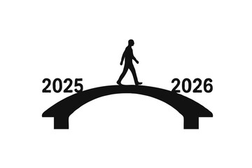Minimalist silhouette of a person walking across a curved bridge from 2025 to 2026. Black monochrome vector symbolizing transition, journey, new year change, and fresh beginnings.