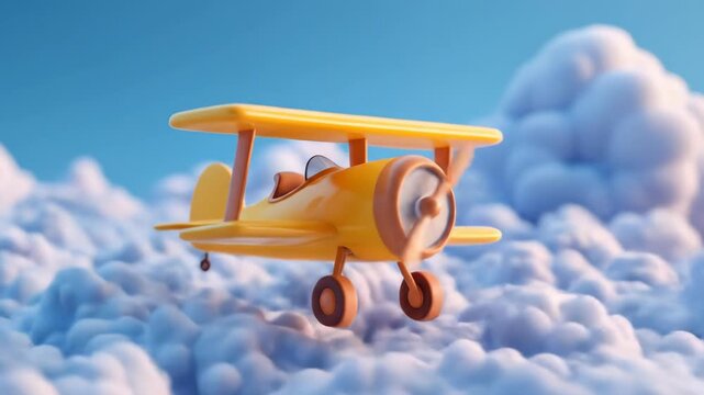 Yellow biplane soaring among white clouds against a blue sky