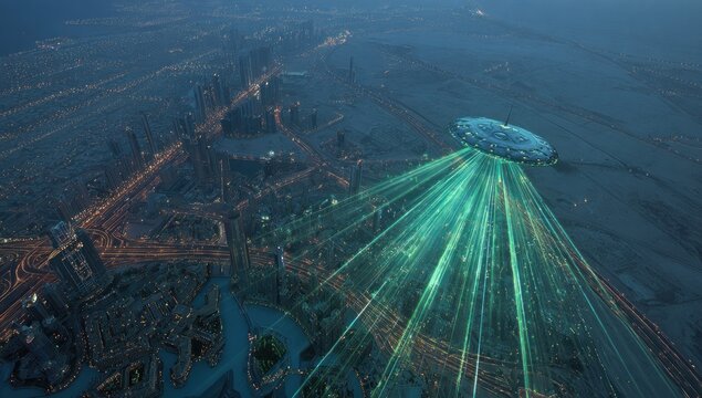 Futuristic aerial view of a city at night, bathed in neon green beams from a hovering object