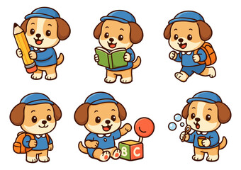 Naklejka premium Cute Puppy Kindergarten Set with Pencil, Book, Backpack and Play Icons for Kids Education Design