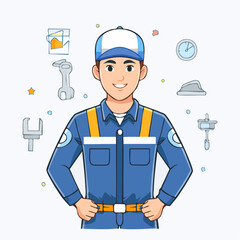 Smiling young mechanic in blue uniform and cap cartoon illustration with tools isolated on white background