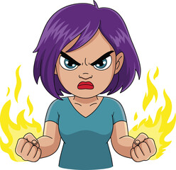 Furious Young Woman with Purple Hair and Intense Angry Expression, Clenched Fists Surrounded by Fire, Comic Style Drawing Representing Rage and Stress.