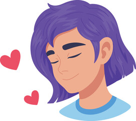 Peaceful Young Person with Purple Hair and Closed Eyes Smiling Happily with Floating Red Hearts, Expressing Love, Bliss, and Calm Affection Vector.