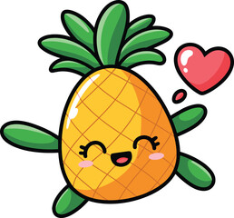 Loving and Cheerful Kawaii Pineapple Mascot Character Jumping with a Red Heart Symbol, Expressing Affection, Romance, and Happy Feelings Vector.