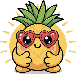 Cute Kawaii Pineapple Mascot Character Wearing Red Heart Shaped Sunglasses with a Big Smile, Radiating Happiness and Summer Love Vector Art.