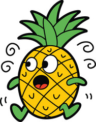 Scared and Shocked Kawaii Pineapple Character Running Away in Panic with Wide Eyes and Open Mouth, Expressing Fear and Alarm Vector Illustration.