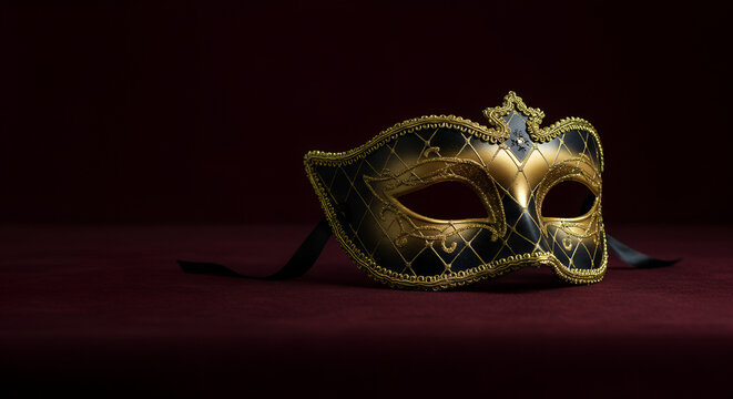 Elegant black and gold masquerade ball mask on dark background  