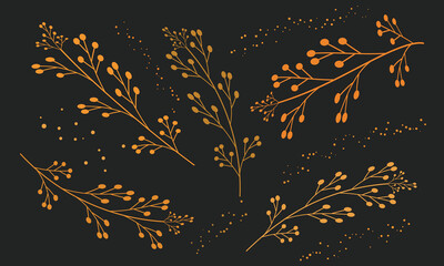 Golden Style Romantic Wedding Branch Petal Leafy Bubbles Decorative Frame Border Hand Drawn Illustrator Art Set