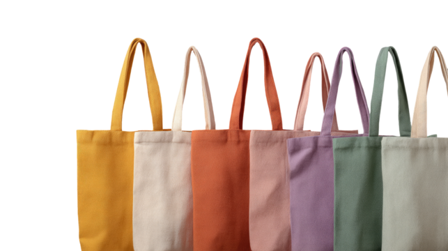 Row of colorful canvas tote bags