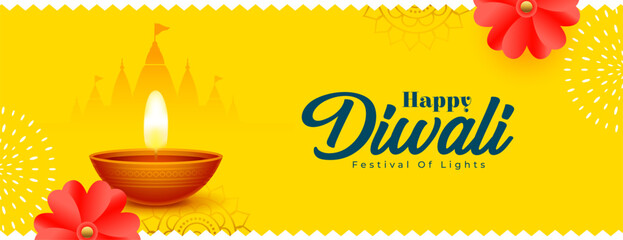 happy diwali festival of lights yellow banner