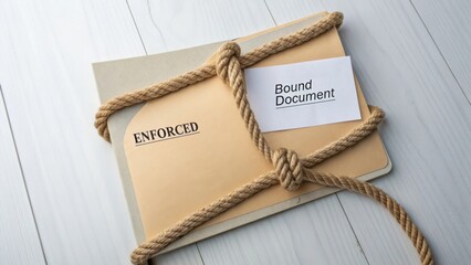 Stacked orange folder titled Enforced tied with rope beside a document label Bound Document on a wooden table