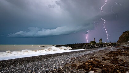 Lightning strikes by a rocky shore