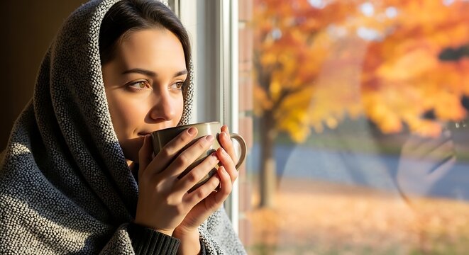 Cozy Autumn Morning: Woman Wrapped in Blanket Sips Hot Beverage, Gazing at Golden Fall Trees Through Window