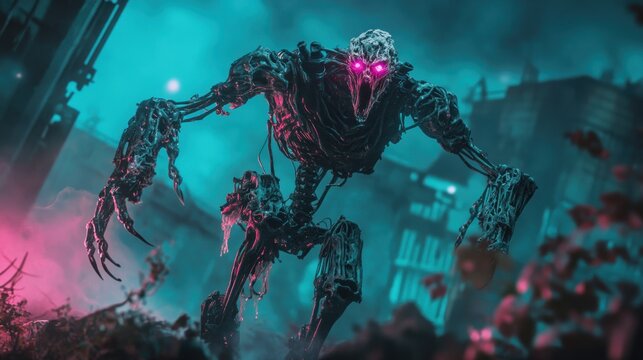 Cybernetic creature in a futuristic cityscape