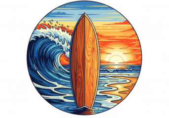 Wooden surfboard ocean sunset isolated on a transparent background
