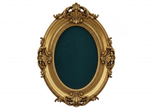 Ornate oval gold frame with teal background isolated on a transparent background - Powered by Adobe