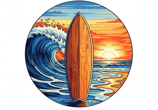 Wooden surfboard ocean sunset isolated on a transparent background