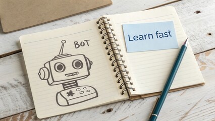 Robot Character Illustration in Notepad with 'Learn Fast' Note on Wooden Table Background for Education and Technology Themes