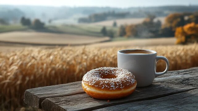 Morning Coffee and Donut on a Rustic Wooden Table with a Golden Wheat Field in the Background.