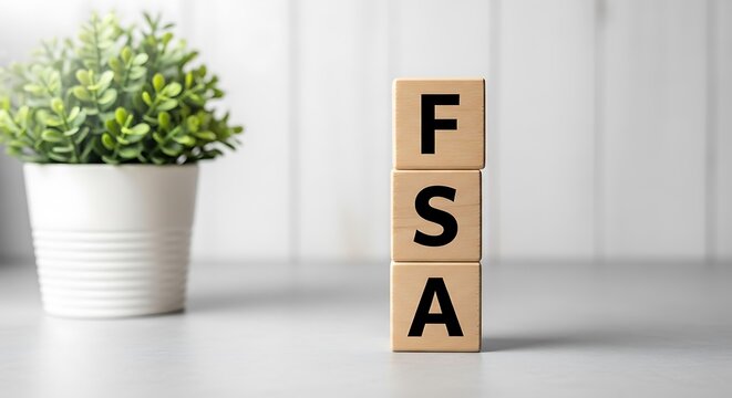 Stack of wooden blocks with letters f, s, a spelling out fsa, next to a potted plant