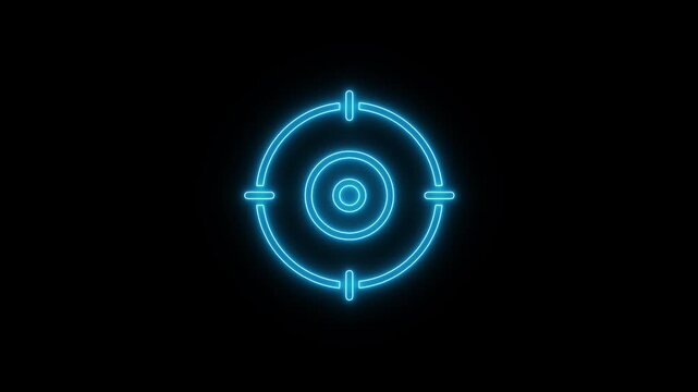 Neon aim cross, target search and aiming animation. Glowing neon target icon, circle, collection, cross, cursor, dart, dot, eye, 