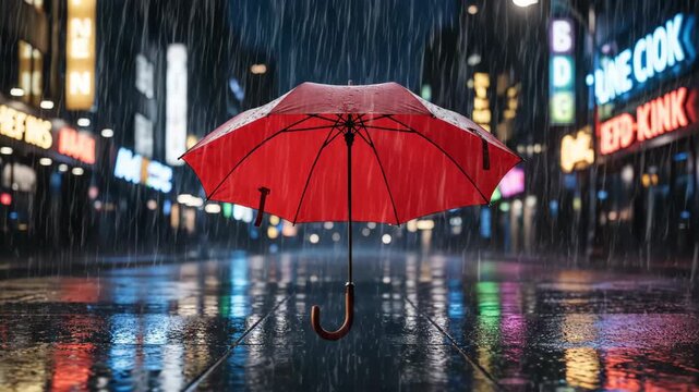 Red Umbrella Standing on Wet City Street During Rainy Night