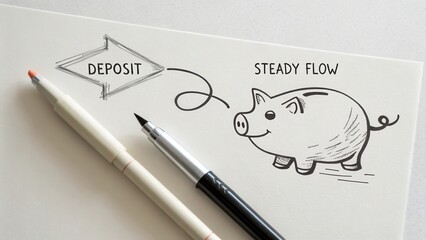 Illustrative drawing of a piggy bank concept emphasizing deposit and steady flow of money for financial education