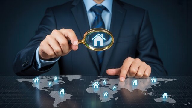 Real estate expert analyzes global property market with magnifying glass