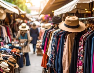 Outdoor clothing market with hats, racks, and shoppers