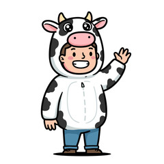 A smiling person in a black-and-white cow costume waves happily, wearing blue pants and brown shoes.