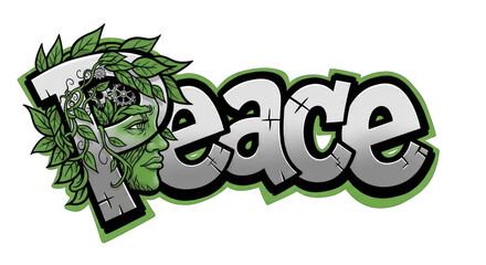 Graffiti Style Peace Word Art with Nature and Mechanical Elements.