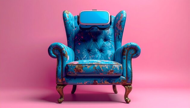 Worn blue armchair with VR headset