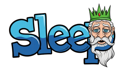 Cartoon Sleep Text with King Character and Green Crown.
