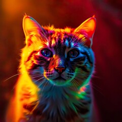 Volumetric lighting illuminating a cat with iridescent colors, casting iridescent reflections and visible light beams through dust or fog