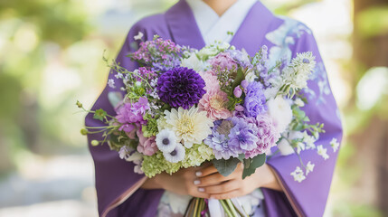 Pastel color flowers bouquet with kimono for wedding or coming of age celebration