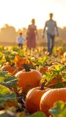 Familys Autumn Outing in a Pumpkin Patch Field.