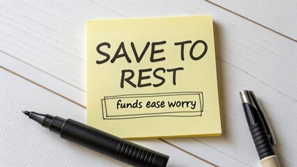 Sticky Note with Motivational Message About Saving and Financial Peace on a Wooden Table Surface with Writing Tools