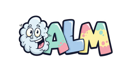 Cartoon CALM Word with Smiling Cloud Character.