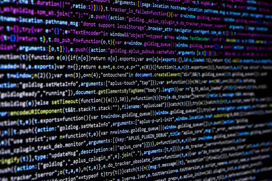 Programming coding screen, web developer coding screen.Software source code. Programming code. Programming code on computer screen. Developer working on program codes in office. Technology background - Powered by Adobe