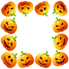 A square frame with Halloween pumpkins on a white background. Orange pumpkins with different facial expressions, including an emotion, eyes, and a smile. A pattern for Halloween designs.
