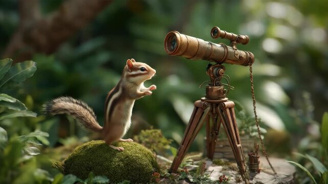 A miniature brass telescope on a tripod stands beside a mossy mound where a chipmunk is perched
