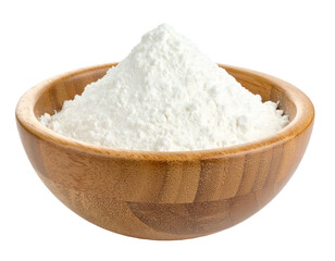 A wooden bowl filled with a fluffy, white powder, possibly flour