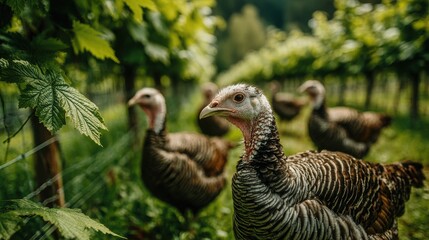 Heritage Turkeys Foraging Beneath Young Chestnut Trees Enhancing Biodiversity and Supporting Sustainable Farming Practices in Rural Landscapes