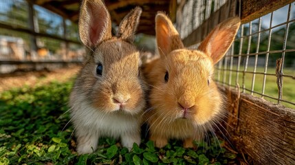 Charming Healthy Rabbits Grazing on Green Clover in a Mobile Pasture, Symbolizing Sustainable Farming and Animal Compassion