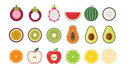 An assortment of cut tropical fruits, including watermelon, coconut, avocado, passion fruit, and apple, arranged in rows on a white background.