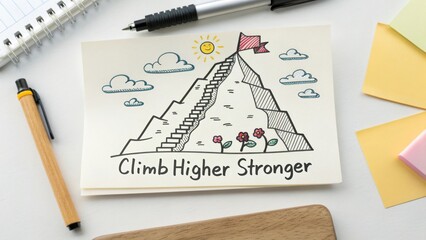 Inspirational drawing of mountain with stairs and sun, encouraging growth and motivation for personal development and success
