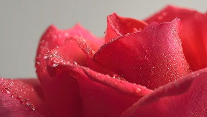 Close-up of a vibrant red rose with water droplets on soft petals, against a grey backdrop