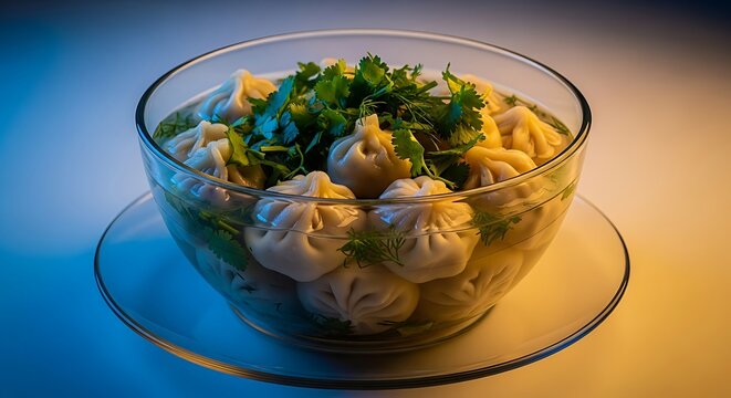 Azerbaijani dushbara isolated in a transparent bowl, small dumplings in clear broth with fresh herbs